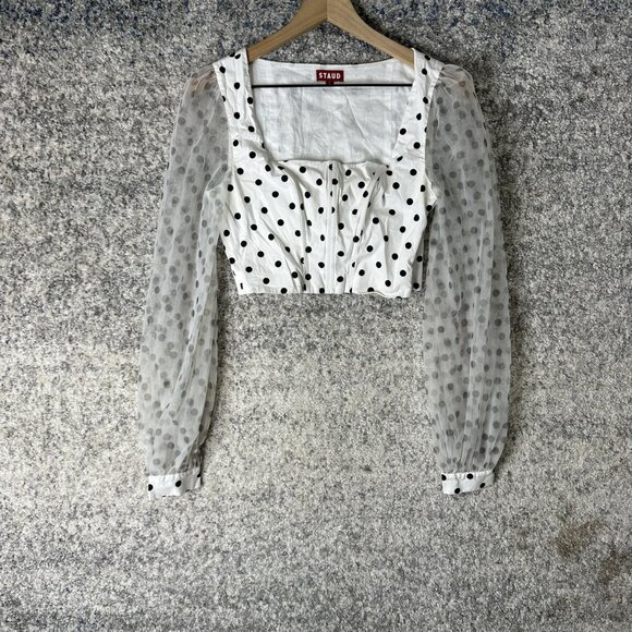 STAUD Tops - Staud Shirt Womens 6 White Black Polka Dot Sheer Mesh Sleeve Crop Top Blouse